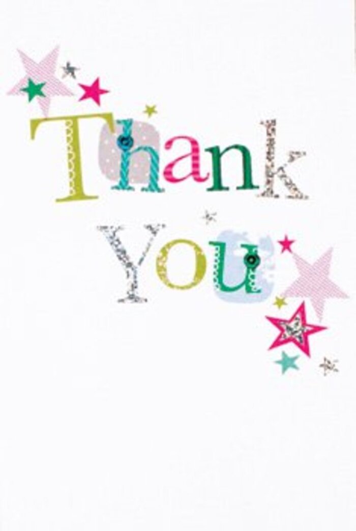 Embodying the warmth of a summer's afternoon in Marks Gate, this thank you card presents its message in a parade of vibrant hues and cheerful patterns. Each letter in 'Thank You' has been given its own personality-some whimsical with swirling dots and playful stitches, others refined and luminous with hints of pearl and silver-creating a patchwork of joy reminiscent of local school fêtes or festivities near Marks Gate Park. Surrounding the bold, handcrafted lettering, clusters of stars in sparkling pinks, deep turquoise, and radiant silver draw the eye, imbuing the design with energy and good cheer. The pure white background provides a sense of openness and serenity, ensuring each shade and embellishment can beam with full brightness. Light glints off the subtle glitter, hinting at the tactile pleasure unique to a thoughtfully produced card. As a florist serving this friendly community, I see in this design the same balance of sophistication and approachability that defines gatherings in the area-perfect to nestle alongside a vibrant local bouquet. The card's lively arrangement and handmade detailing evoke a sense of heartfelt appreciation, making it a cherished token for any occasion. Here, gratitude shimmers not just through words, but through every colour, stitch, and star-a tribute to the genuine thankfulness that flourishes throughout Marks Gate.