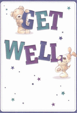 This endearing get well card artwork gently channels the comforting spirit of Marks Gate, as if painted with the same thoughtfulness as a bespoke bouquet from a local florist. Prominently featured are two adorable friends-a plush teddy bear and an eager, long-eared puppy-who together animate the bold, colourful lettering that spells 'Get Well.' Their rounded, expressive forms leap vividly against a luminous white background, eyes filled with gentle care and the promise of brighter days. The rich purples and deep teals chosen for the lettering call to mind the colours you might find in a carefully curated arrangement, fresh from the nearby florists lining Rose Lane. Playful stars float above and around the characters, twinkling like distant dreams of well-being, each one softly echoing the supportive spirit found around Marks Gate's bustling hub. There's an undeniable sense of nurturing within the scene-the bear's kind grasp, the puppy's hopeful nuzzle-mirroring the love and attention woven into every bouquet sent out across Romford Road or delivered with a smile to a neighbour's door. You can almost feel the card's intentions-a tactile warmth emanating from the soft fur and velvety paws, an emotion as real as the fragrant petals and greenery in a hand-tied posy. In essence, this artwork is a celebration of healing, kindness, and the bonds of local community, designed to bring a little light and comfort during recovery.