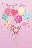 This birthday illustration captures the feeling of a light-hearted celebration drifting above Marks Gate, where pastel balloons and a fresh bouquet seem to hover together in a soft pink glow. The backdrop is a smooth, dusky rose, giving the impression of early evening light washing over a quiet street near local homes and gardens. From the centre, a collection of balloons rises, each with its own personality: some are wrapped in swirling, ribbon-like stripes, others are dotted with confetti-style spots, and a standout heart-shaped balloon rests among them, radiating affection. The colours are tender and harmonious-powder pink, sea-glass green, lemon cream, and touches of lavender-soothing yet undeniably festive. Anchoring the design, a charming bouquet sits at the base, its flowers arranged as though just finished by a meticulous florist. Roses and anemone-like blossoms cluster closely in shades of ivory, blush, and soft mauve, their layered petals giving a feeling of softness you can almost touch. A violet satin bow secures the stems, its shiny surface adding a hint of luxury, like ribbon carefully chosen for a special birthday surprise. Subtle highlights shimmer across the balloons and petals, suggesting gentle, natural light. Tiny stars and fluttering details hover around the scene like invisible music notes, enhancing the sense of wonder. Together, the balloons and flowers create an image of a birthday wish ready to be delivered to a doorstep near Marks Gate Park-airy, sweet, and full of warmth.